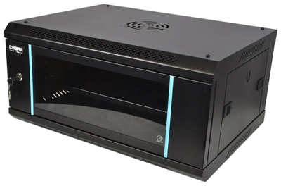 Cobra Wall Mounting Metal 19" Rack Cabinet Glass Door 4U 450mm Deep, Black, Complete Assembled