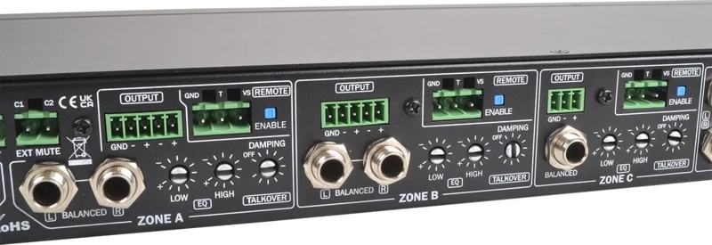 Q-Audio Zoner Mixer 5 Stereo Channels + 2 Microphone Channel with Talk Over into 3 Output Zones
