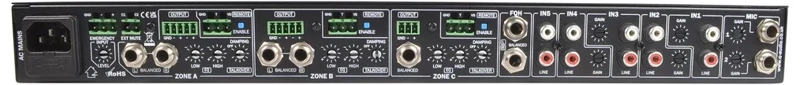 Q-Audio Zoner Mixer 5 Stereo Channels + 2 Microphone Channel with Talk Over into 3 Output Zones