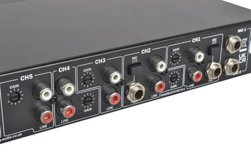 Q-Audio Zoner Mixer 6 Stereo Channels + 2 Microphone Channel with Talk Over into 2 Output Zones